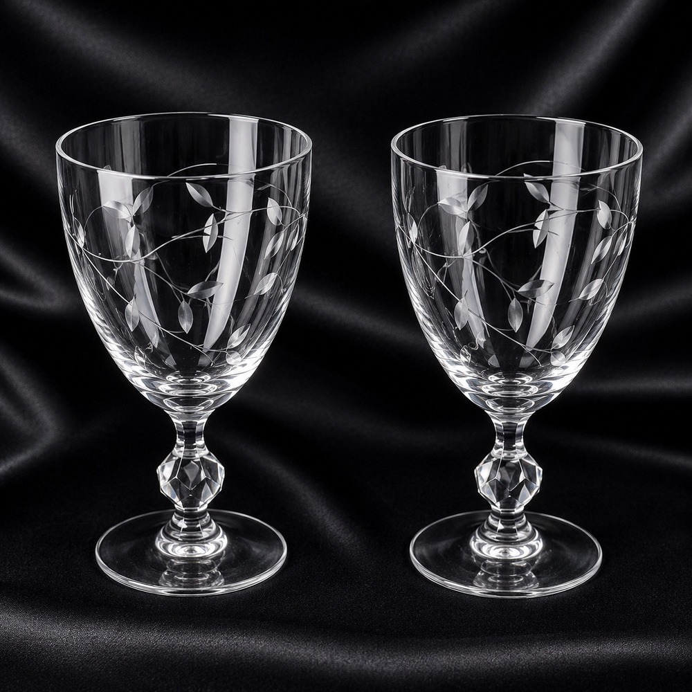 Tiffin Franciscan Petite‎ Water Goblets Set of 2 Etched Leaf Crystal 6.25 Inch